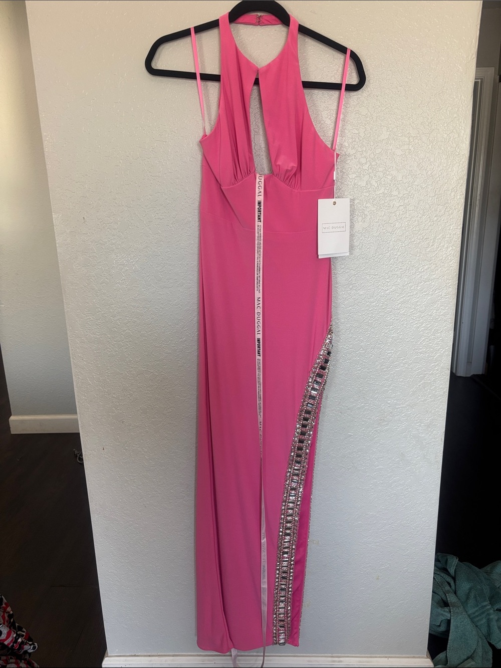 Mac Duggal Hot Pink Halter Maxi Dress with Side Sequin Embellishment